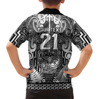 Custom New Zealand Taiaha Maori Family Matching Off The Shoulder Long Sleeve Dress and Hawaiian Shirt Kiwikiwi Minimalist Silver Fern Tukutuku Motif LT9 - Polynesian Pride