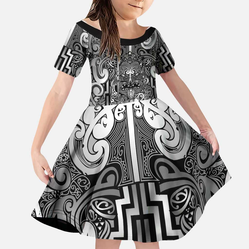 Custom New Zealand Taiaha Maori Family Matching Off Shoulder Short Dress and Hawaiian Shirt Kiwikiwi Minimalist Silver Fern Tukutuku Motif LT9 Daughter's Dress White - Polynesian Pride
