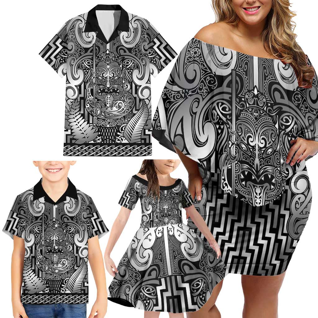 Custom New Zealand Taiaha Maori Family Matching Off Shoulder Short Dress and Hawaiian Shirt Kiwikiwi Minimalist Silver Fern Tukutuku Motif LT9 - Polynesian Pride