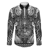 Custom New Zealand Taiaha Maori Family Matching Off Shoulder Short Dress and Hawaiian Shirt Kiwikiwi Minimalist Silver Fern Tukutuku Motif LT9 Dad's Shirt - Long Sleeve White - Polynesian Pride