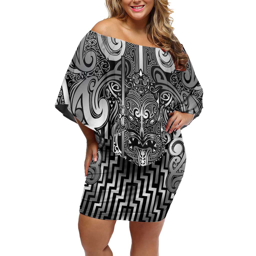 Custom New Zealand Taiaha Maori Family Matching Off Shoulder Short Dress and Hawaiian Shirt Kiwikiwi Minimalist Silver Fern Tukutuku Motif LT9 Mom's Dress White - Polynesian Pride