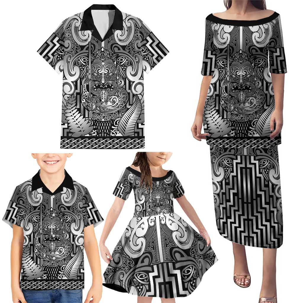 Custom New Zealand Taiaha Maori Family Matching Puletasi and Hawaiian Shirt Kiwikiwi Minimalist Silver Fern Tukutuku Motif LT9 - Polynesian Pride