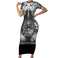 Custom New Zealand Taiaha Maori Family Matching Short Sleeve Bodycon Dress and Hawaiian Shirt Kiwikiwi Minimalist Silver Fern Tukutuku Motif LT9 Mom's Dress White - Polynesian Pride