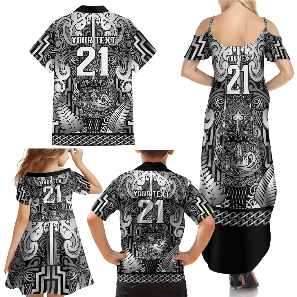 Custom New Zealand Taiaha Maori Family Matching Summer Maxi Dress and Hawaiian Shirt Kiwikiwi Minimalist Silver Fern Tukutuku Motif LT9 - Polynesian Pride