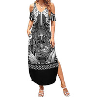 Custom New Zealand Taiaha Maori Family Matching Summer Maxi Dress and Hawaiian Shirt Kiwikiwi Minimalist Silver Fern Tukutuku Motif LT9 Mom's Dress White - Polynesian Pride