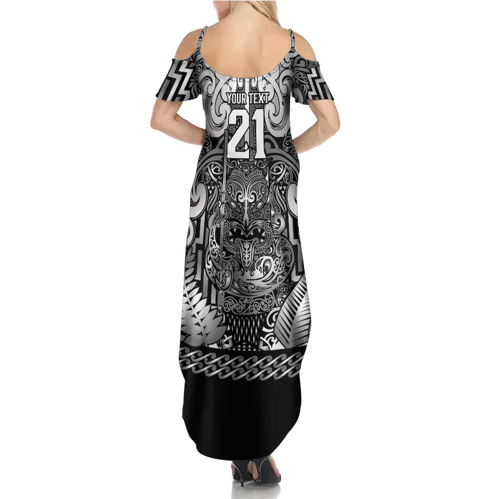 Custom New Zealand Taiaha Maori Family Matching Summer Maxi Dress and Hawaiian Shirt Kiwikiwi Minimalist Silver Fern Tukutuku Motif LT9 - Polynesian Pride