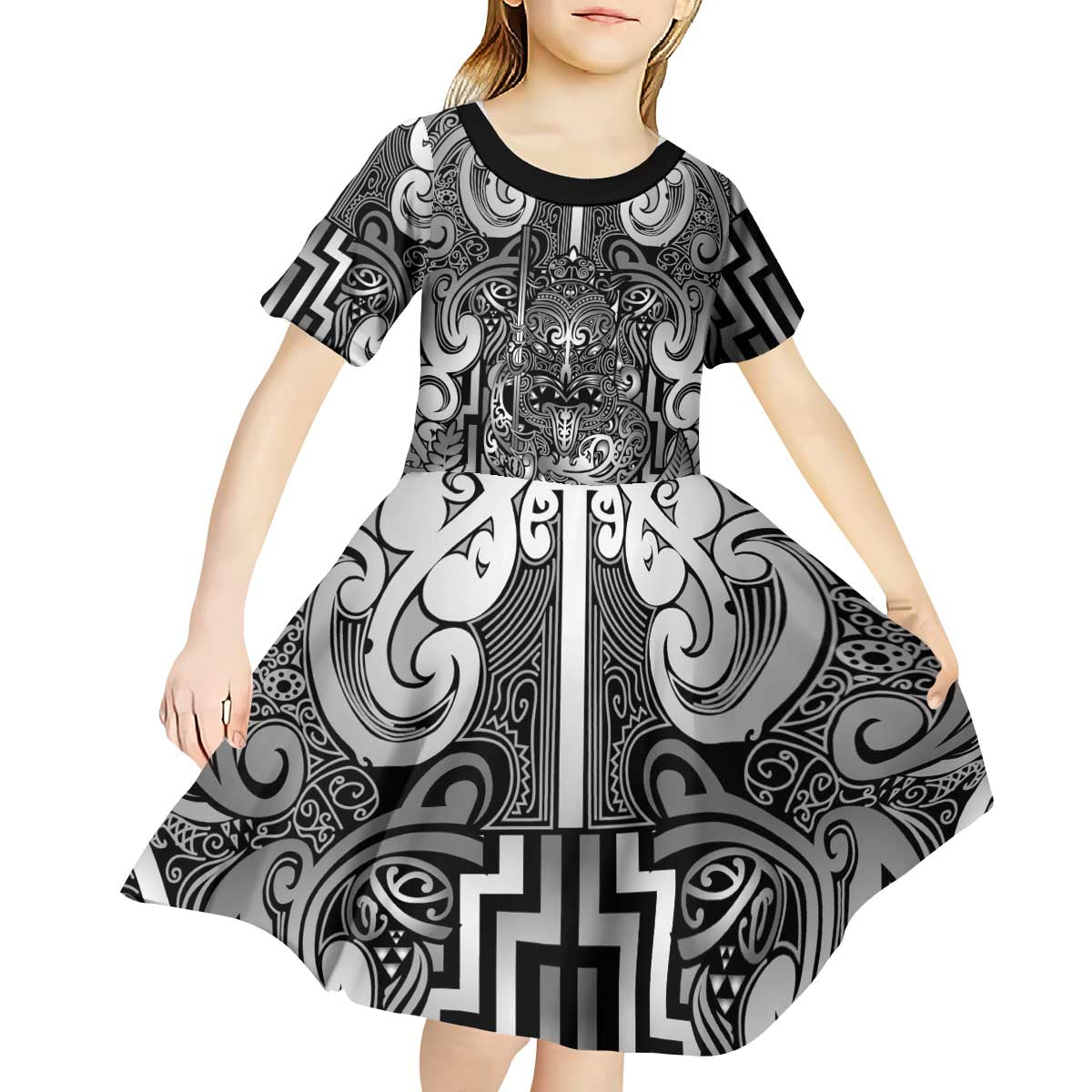 Custom New Zealand Taiaha Maori Kid Short Sleeve Dress Kiwikiwi Minimalist Silver Fern Tukutuku Motif LT9 - Polynesian Pride