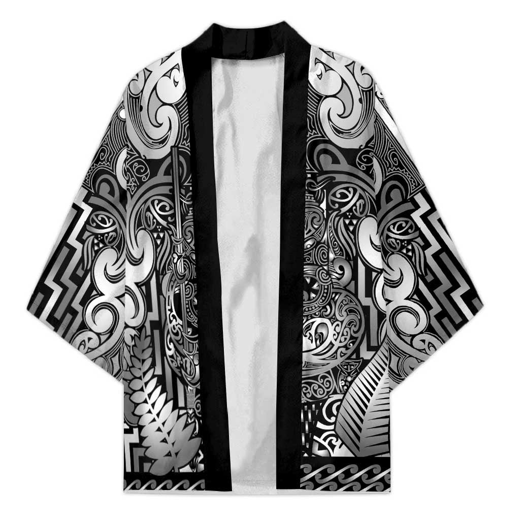Custom New Zealand Taiaha Maori Kimono Kiwikiwi Minimalist Silver Fern Tukutuku Motif LT9 Unisex White - Polynesian Pride