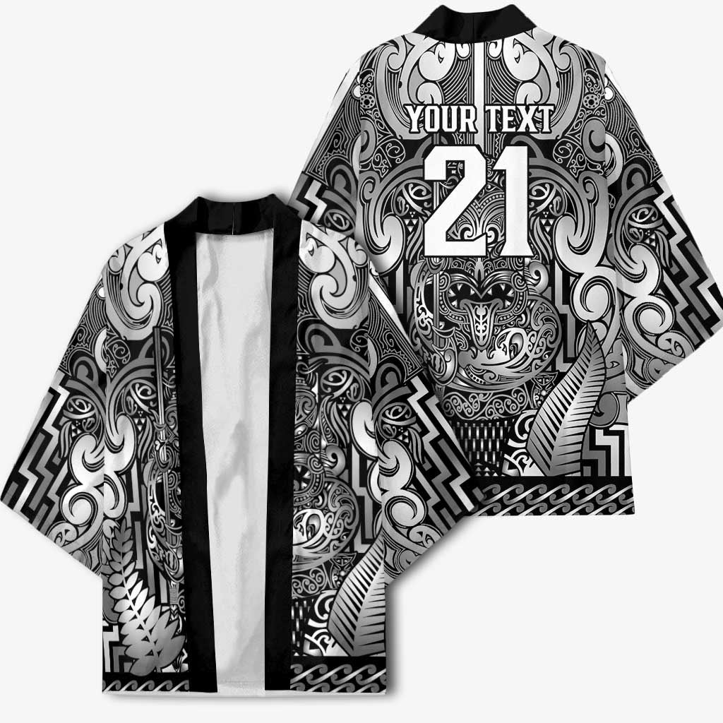 Custom New Zealand Taiaha Maori Kimono Kiwikiwi Minimalist Silver Fern Tukutuku Motif LT9 - Polynesian Pride