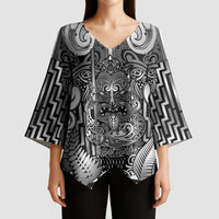 Custom New Zealand Taiaha Maori Kimono Sleeve Blouse Kiwikiwi Minimalist Silver Fern Tukutuku Motif LT9 - Polynesian Pride