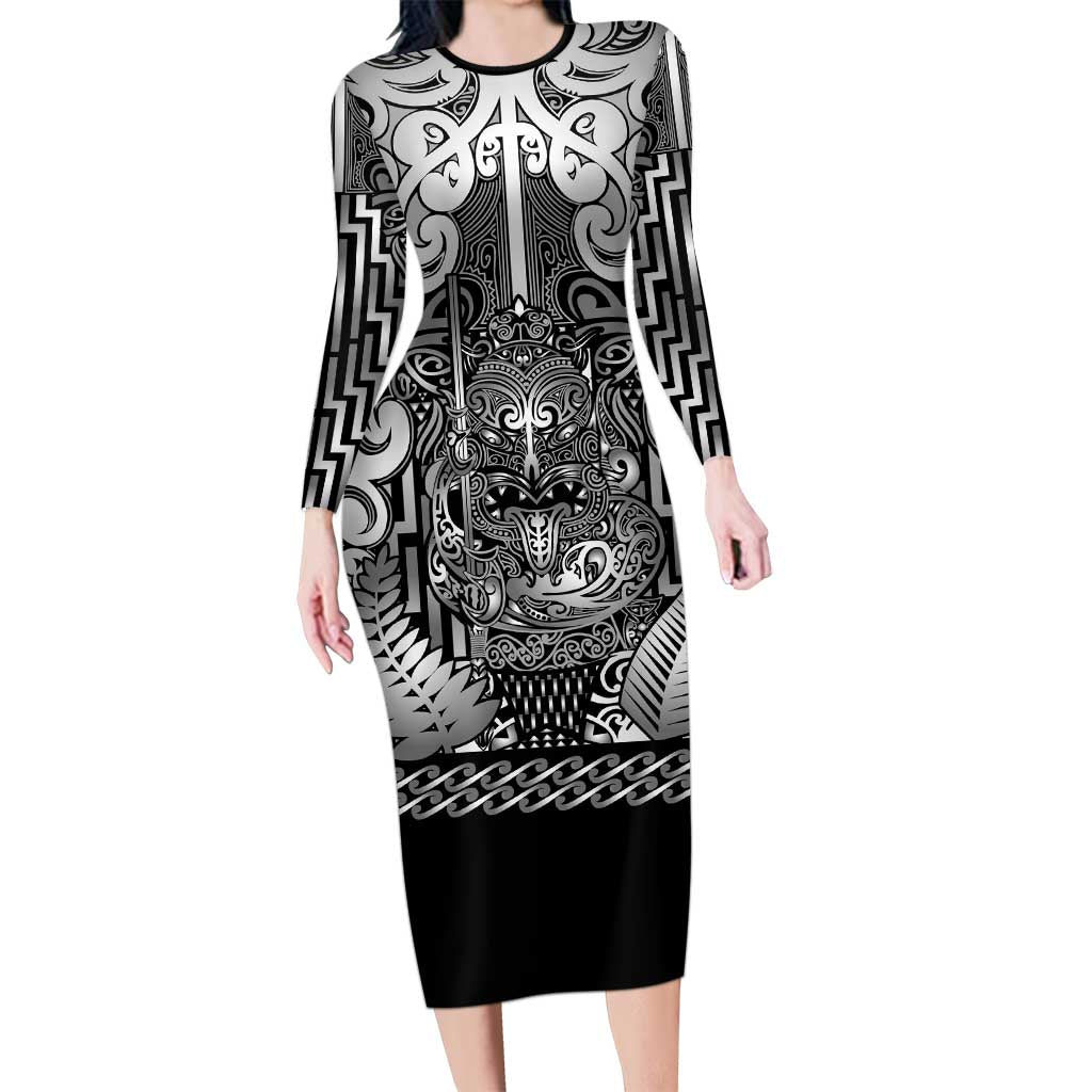 Custom New Zealand Taiaha Maori Long Sleeve Bodycon Dress Kiwikiwi Minimalist Silver Fern Tukutuku Motif