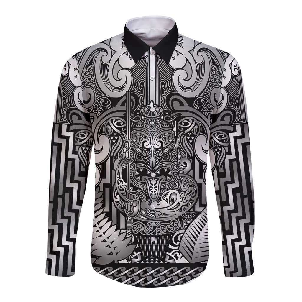 Custom New Zealand Taiaha Maori Long Sleeve Button Shirt Kiwikiwi Minimalist Silver Fern Tukutuku Motif LT9 Unisex White - Polynesian Pride