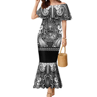 Custom New Zealand Taiaha Maori Mermaid Dress Kiwikiwi Minimalist Silver Fern Tukutuku Motif LT9 Women White - Polynesian Pride