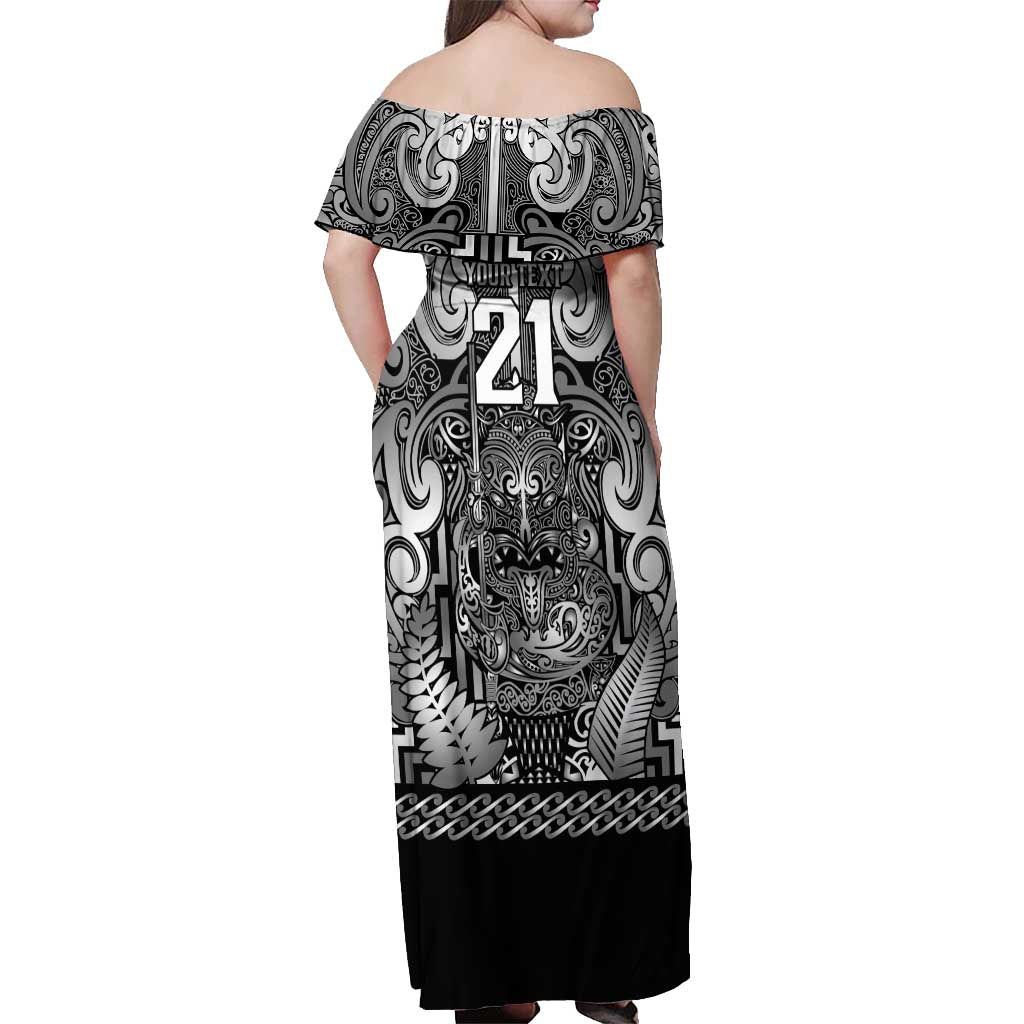 Custom New Zealand Taiaha Maori Off Shoulder Maxi Dress Kiwikiwi Minimalist Silver Fern Tukutuku Motif LT9 - Polynesian Pride