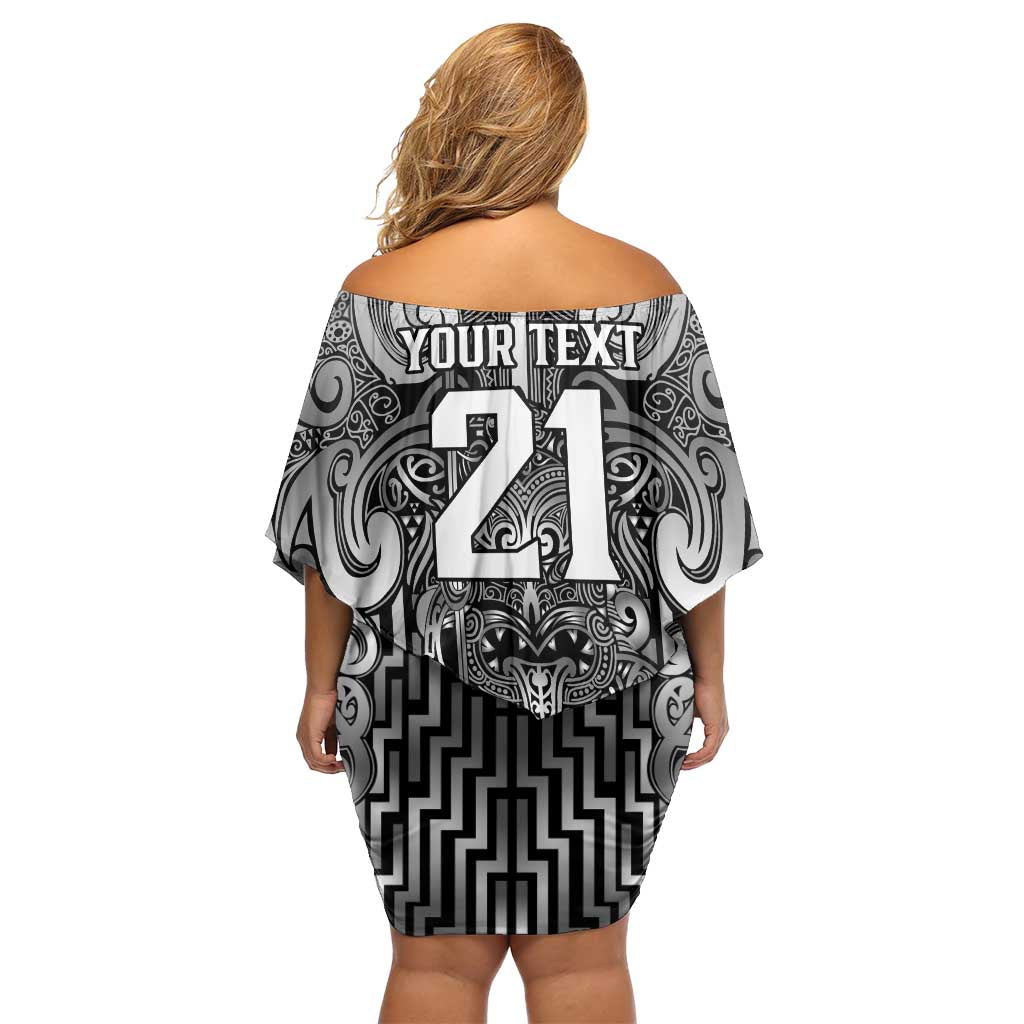 Custom New Zealand Taiaha Maori Off Shoulder Short Dress Kiwikiwi Minimalist Silver Fern Tukutuku Motif LT9 - Polynesian Pride