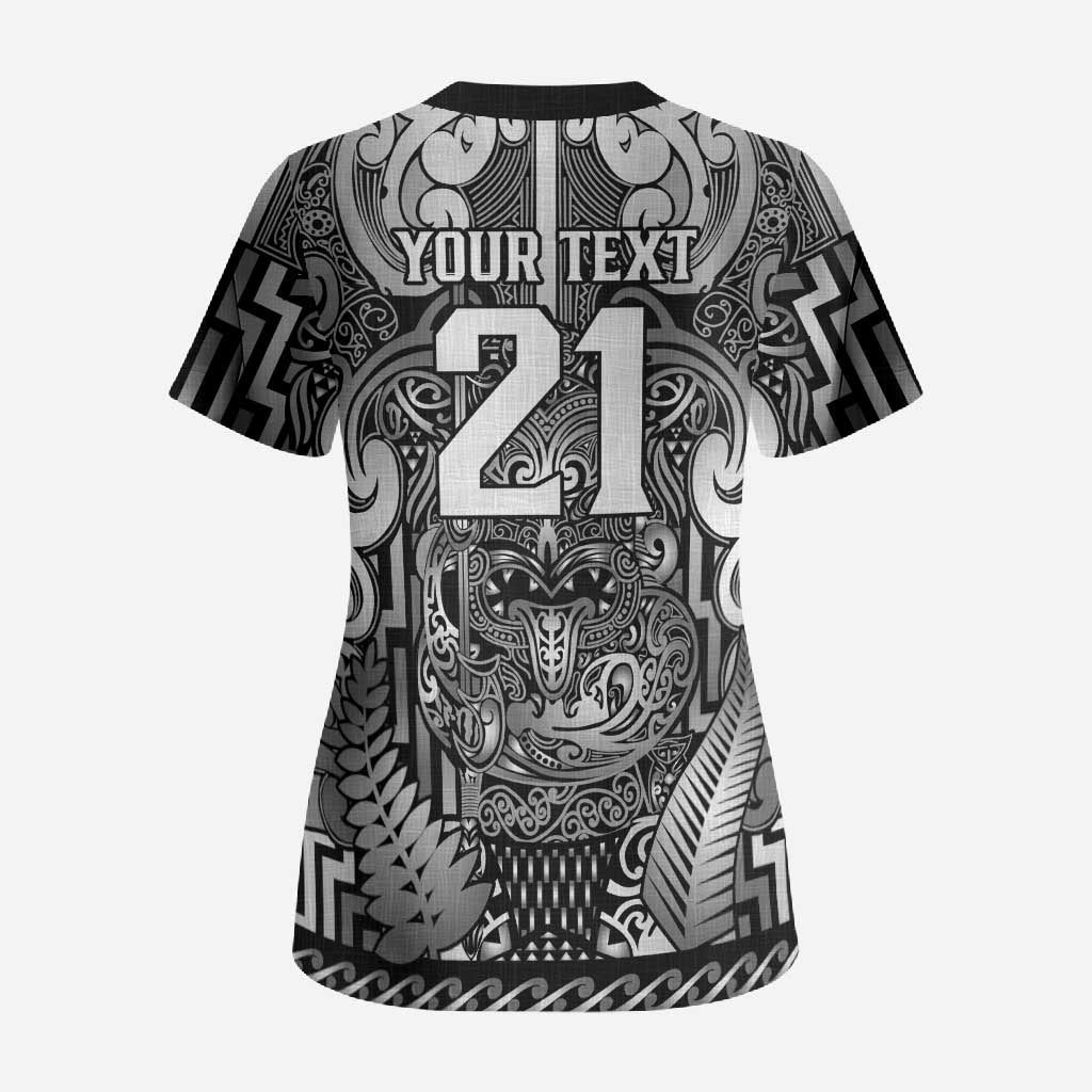 Custom New Zealand Taiaha Maori Scrub Top Kiwikiwi Minimalist Silver Fern Tukutuku Motif LT9 - Polynesian Pride