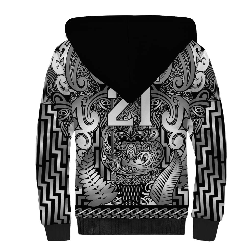 Custom New Zealand Taiaha Maori Sherpa Hoodie Kiwikiwi Minimalist Silver Fern Tukutuku Motif LT9 - Polynesian Pride