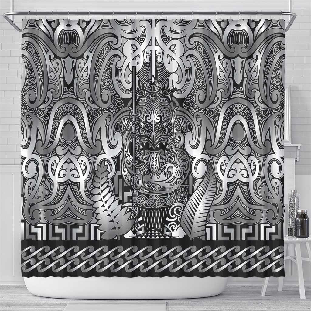 New Zealand Taiaha Maori Shower Curtain Kiwikiwi Minimalist Silver Fern Tukutuku Motif LT9 - Polynesian Pride
