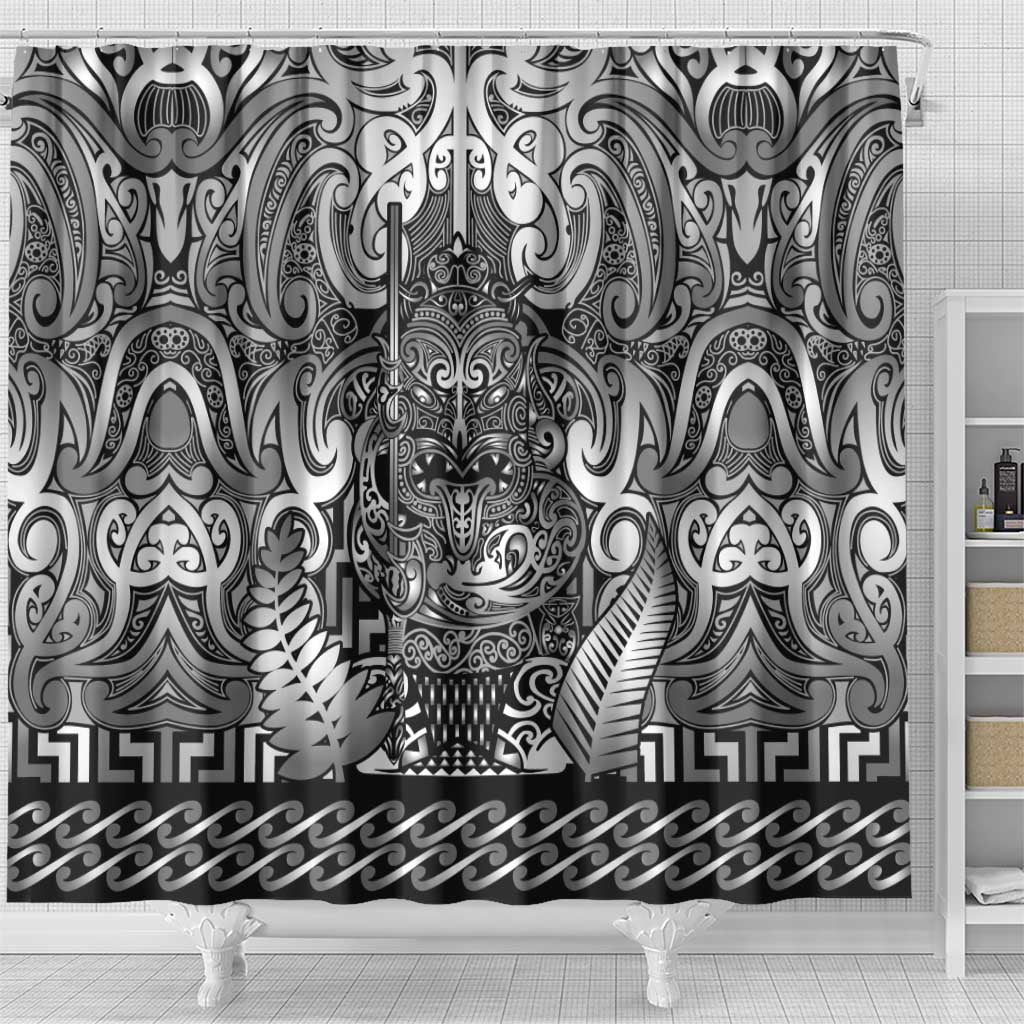 New Zealand Taiaha Maori Shower Curtain Kiwikiwi Minimalist Silver Fern Tukutuku Motif LT9 - Polynesian Pride