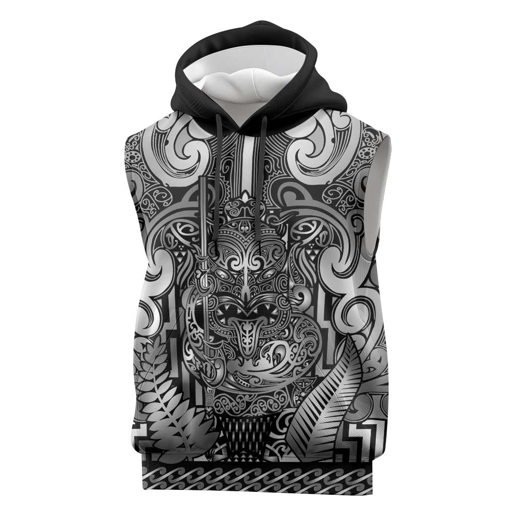 Custom New Zealand Taiaha Maori Sleeveless Hoodie Kiwikiwi Minimalist Silver Fern Tukutuku Motif LT9 White - Polynesian Pride