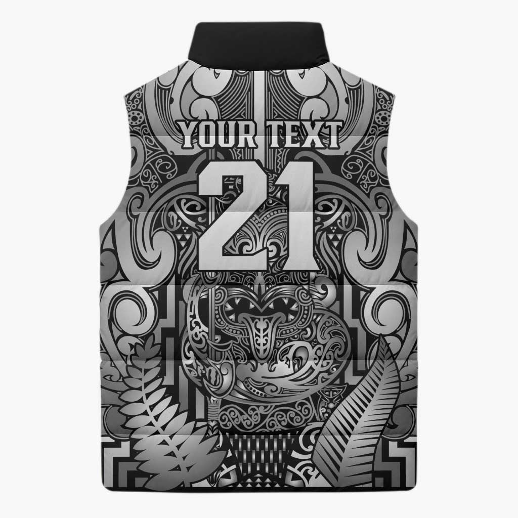Custom New Zealand Taiaha Maori Sleeveless Puffer Jacket Kiwikiwi Minimalist Silver Fern Tukutuku Motif LT9 - Polynesian Pride