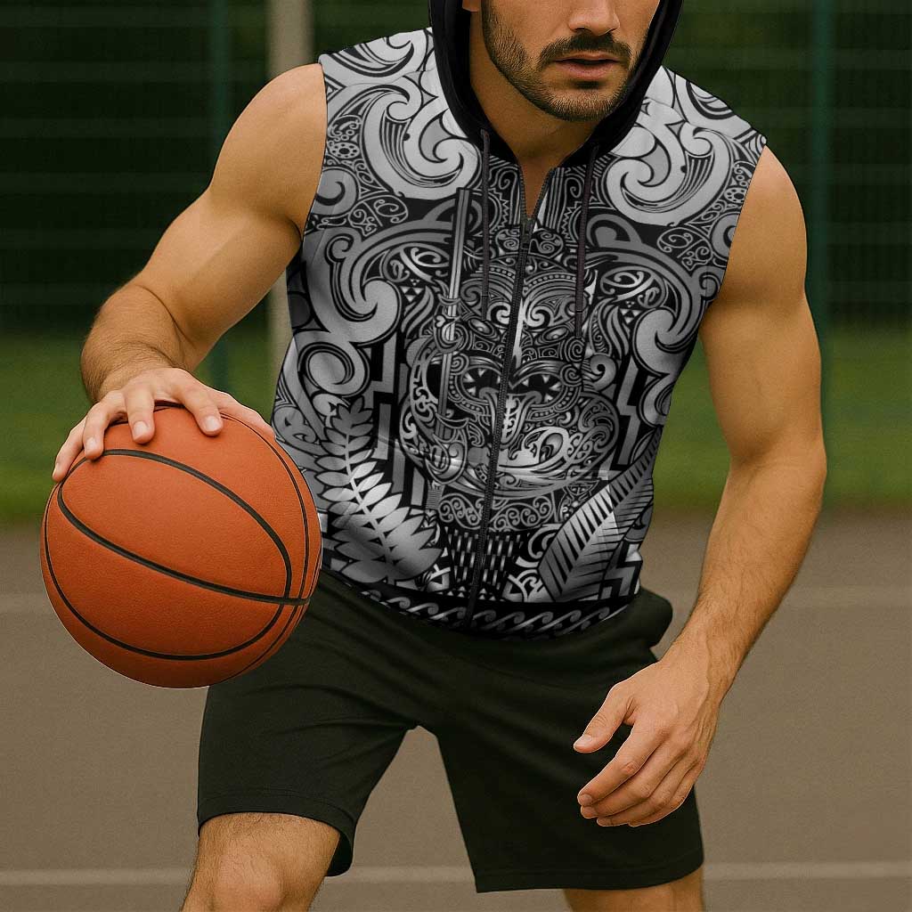 Custom New Zealand Taiaha Maori Sleeveless Zip Hoodie Kiwikiwi Minimalist Silver Fern Tukutuku Motif LT9 - Polynesian Pride
