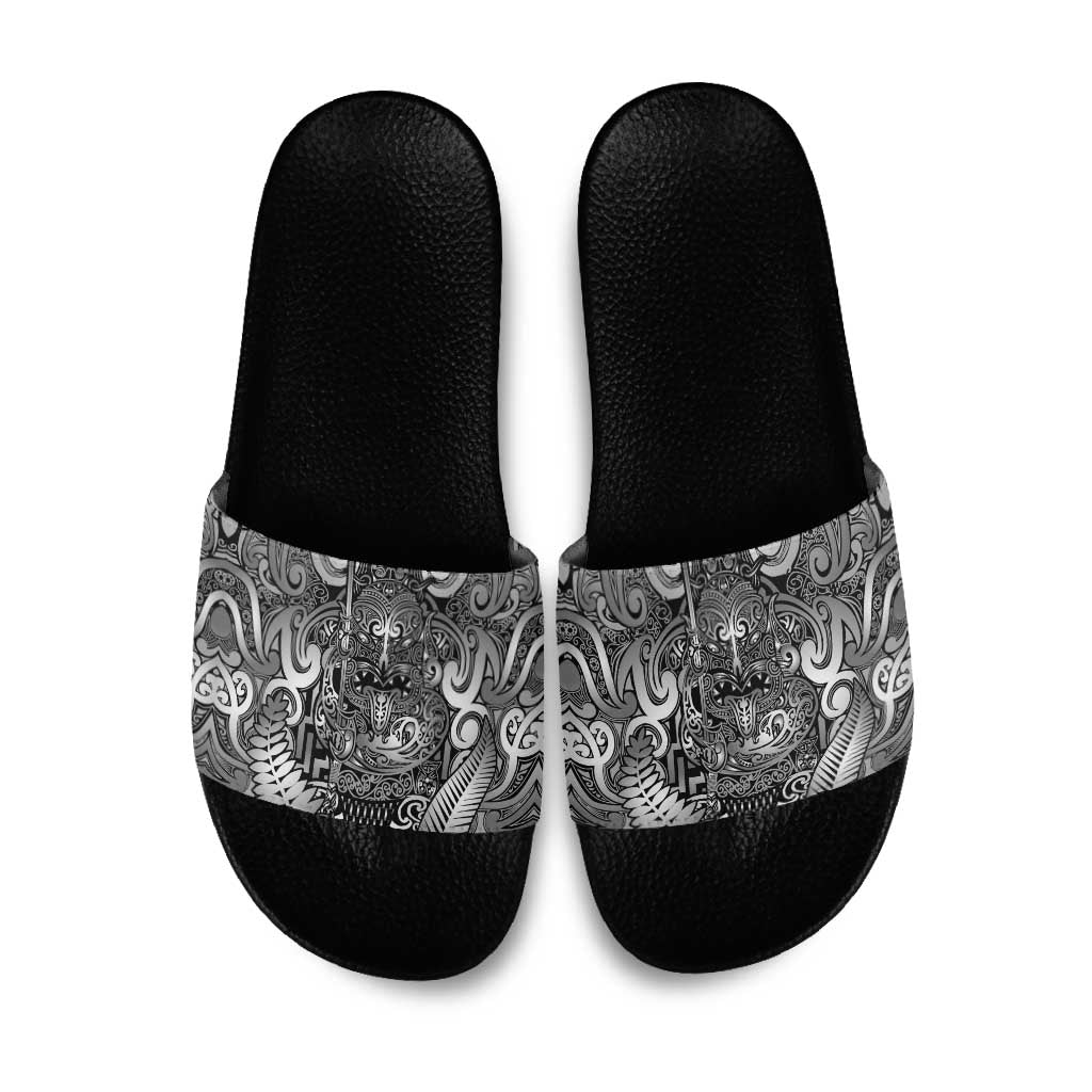 New Zealand Taiaha Maori Slide Sandals Kiwikiwi Minimalist Silver Fern Tukutuku Motif
