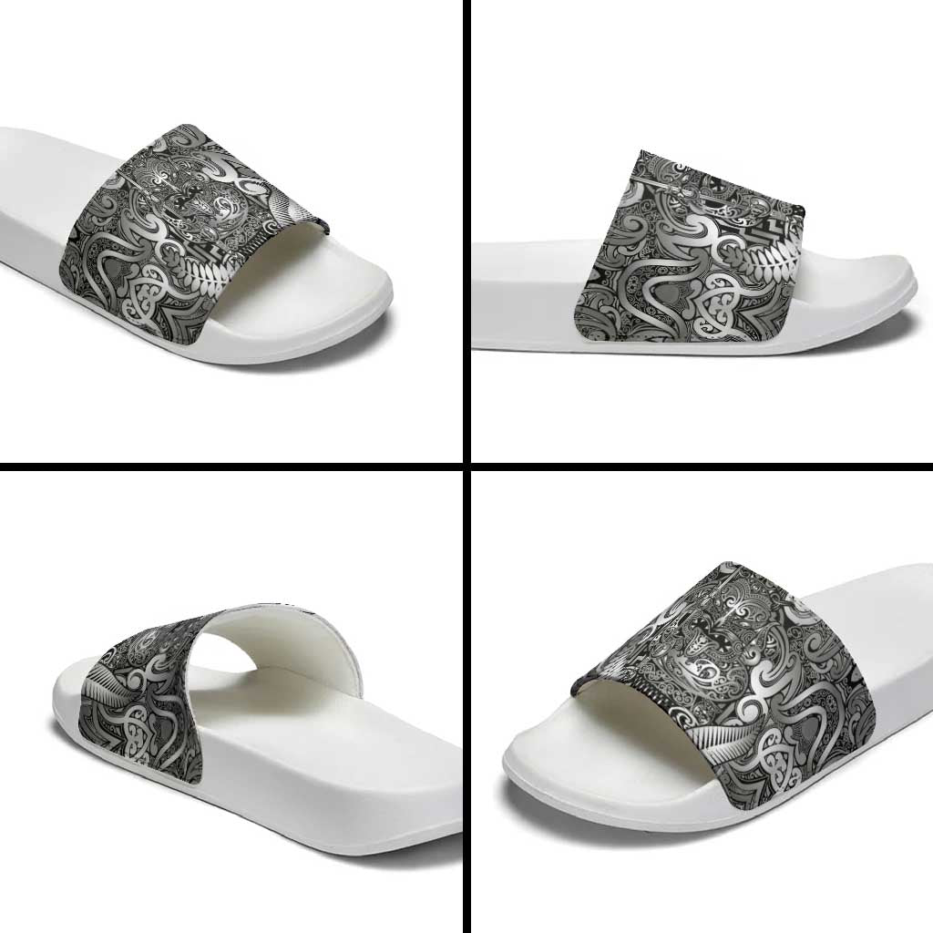 New Zealand Taiaha Maori Slide Sandals Kiwikiwi Minimalist Silver Fern Tukutuku Motif LT9 - Polynesian Pride
