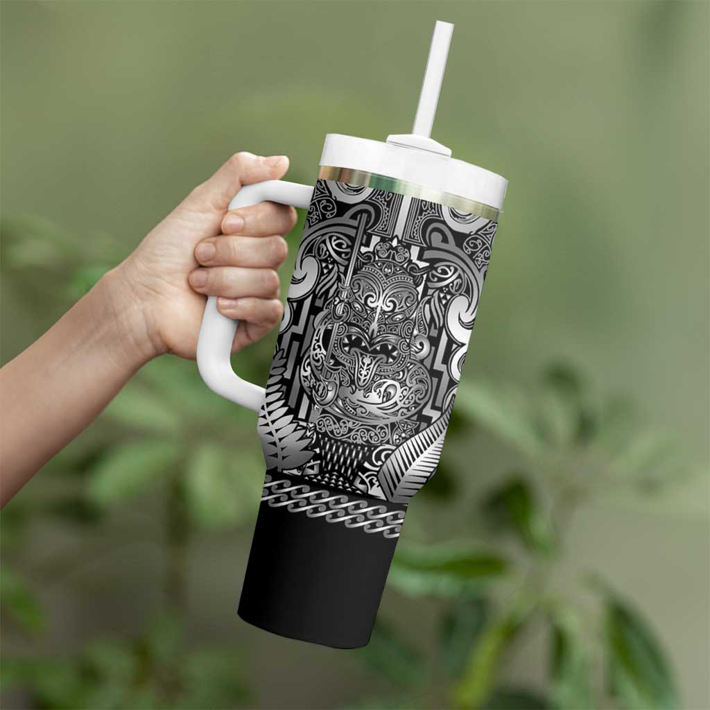 Custom New Zealand Taiaha Maori Tumbler With Handle Kiwikiwi Minimalist Silver Fern Tukutuku Motif LT9 - Polynesian Pride