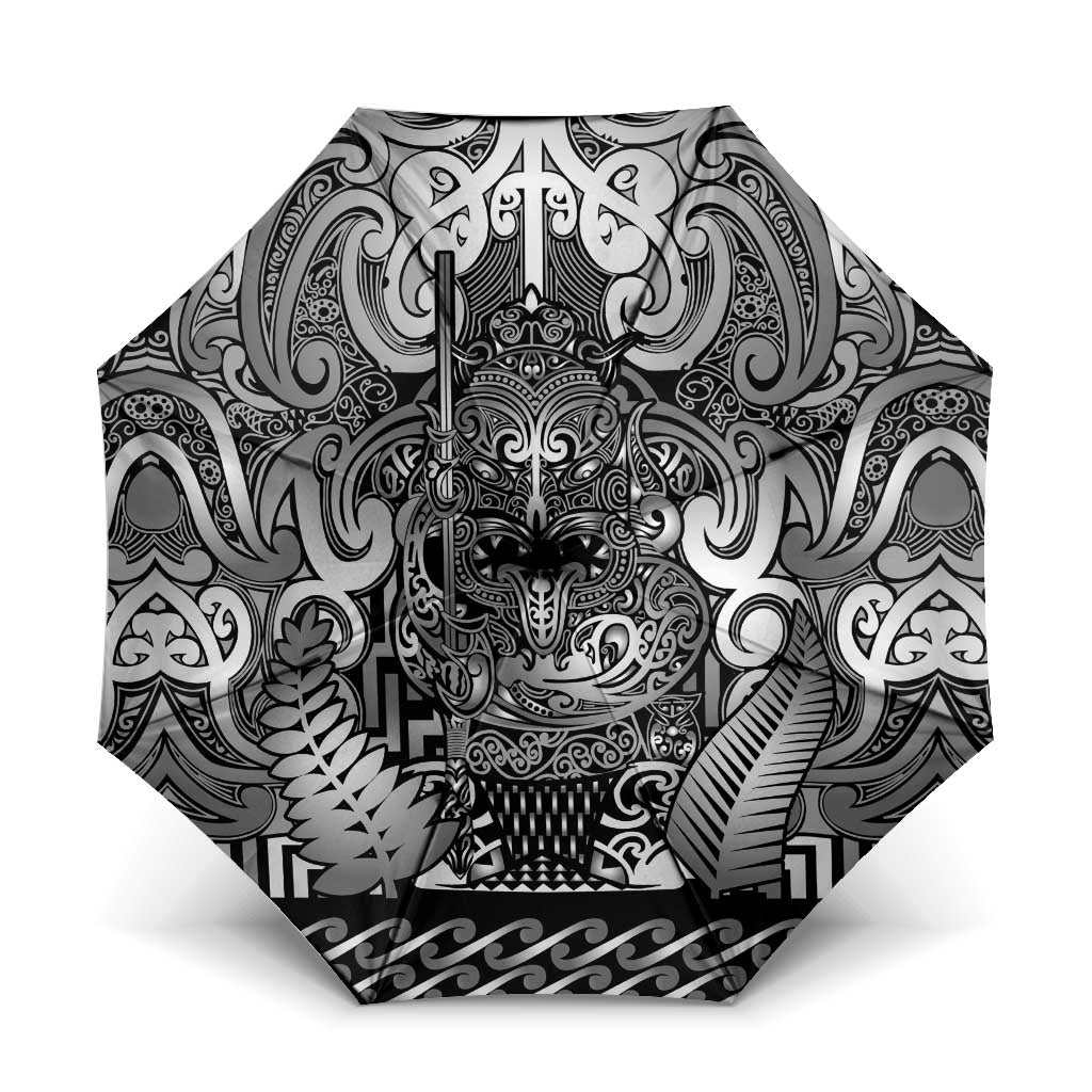 New Zealand Taiaha Maori Umbrella Kiwikiwi Minimalist Silver Fern Tukutuku Motif LT9 One Size Folded 11.42 inch Opened Diameter 37.4 inch White - Polynesian Pride