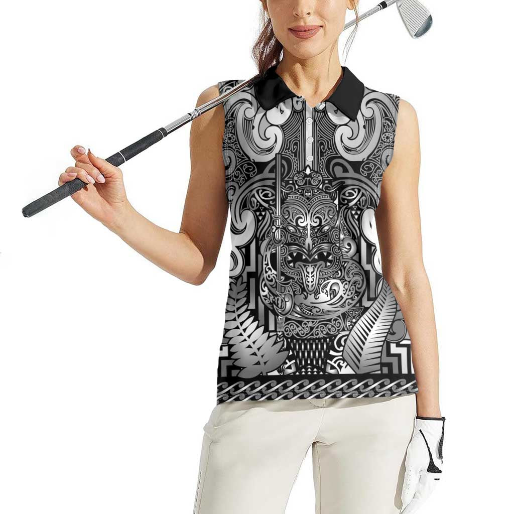 Custom New Zealand Taiaha Maori Women Sleeveless Polo Shirt Kiwikiwi Minimalist Silver Fern Tukutuku Motif LT9 - Polynesian Pride