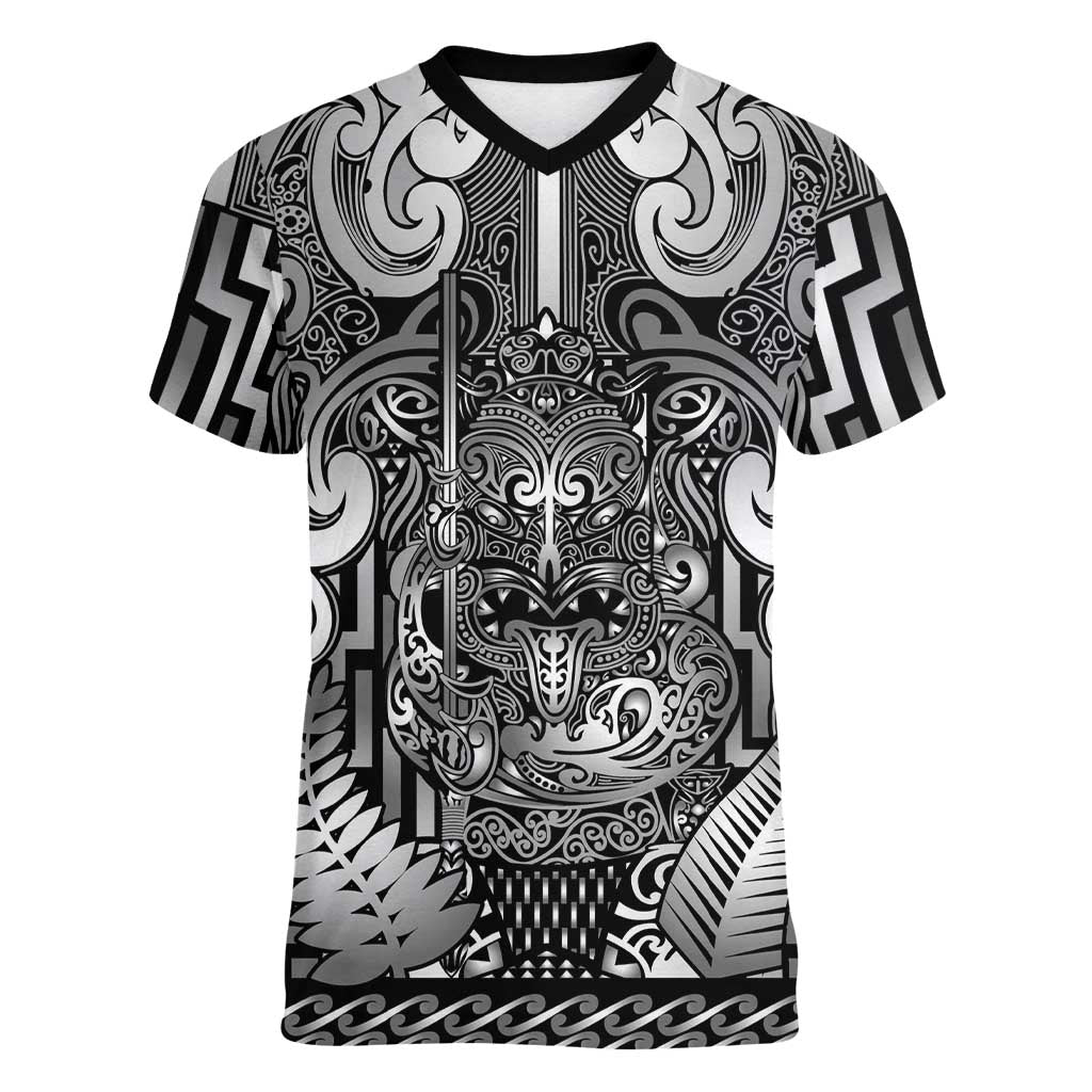 Custom New Zealand Taiaha Maori Women V-Neck T-Shirt Kiwikiwi Minimalist Silver Fern Tukutuku Motif