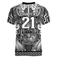 Custom New Zealand Taiaha Maori Women V-Neck T-Shirt Kiwikiwi Minimalist Silver Fern Tukutuku Motif LT9 - Polynesian Pride