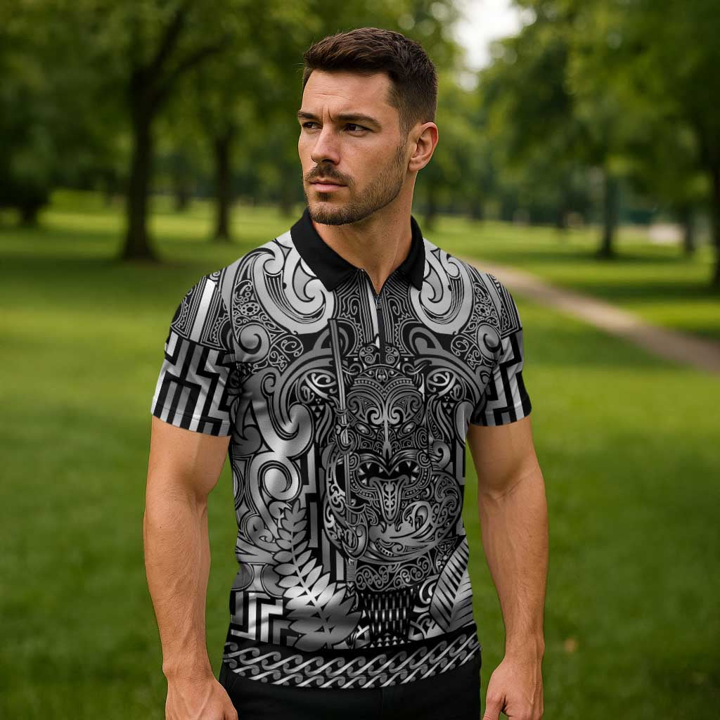 Custom New Zealand Taiaha Maori Zipper Polo Shirt Kiwikiwi Minimalist Silver Fern Tukutuku Motif LT9 - Polynesian Pride