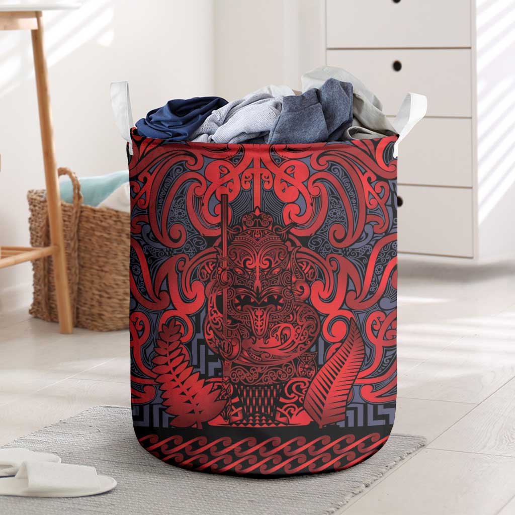 New Zealand Taiaha Maori Laundry Basket Whero Minimalist Silver Fern Tukutuku Motif LT9 Red - Polynesian Pride