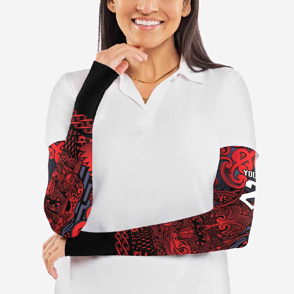 Custom New Zealand Taiaha Maori Arm Sleeves Whero Minimalist Silver Fern Tukutuku Motif LT9 - Polynesian Pride