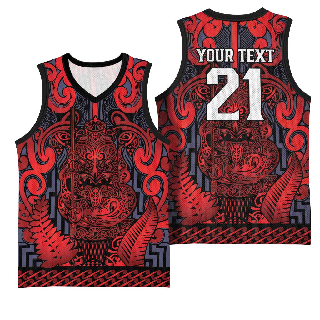 Custom New Zealand Taiaha Maori Basketball Jersey Whero Minimalist Silver Fern Tukutuku Motif