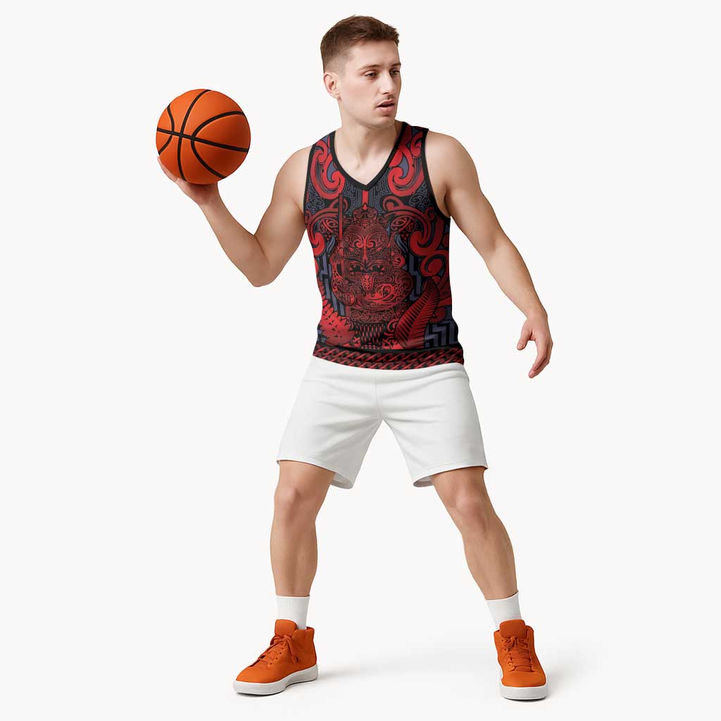 Custom New Zealand Taiaha Maori Basketball Jersey Whero Minimalist Silver Fern Tukutuku Motif