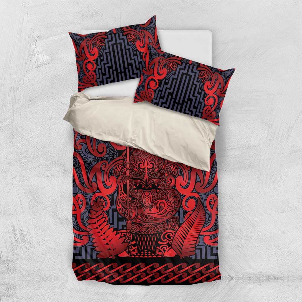 New Zealand Taiaha Maori Bedding Set Whero Minimalist Silver Fern Tukutuku Motif LT9 US Twin 172cm x 218cm Red - Polynesian Pride