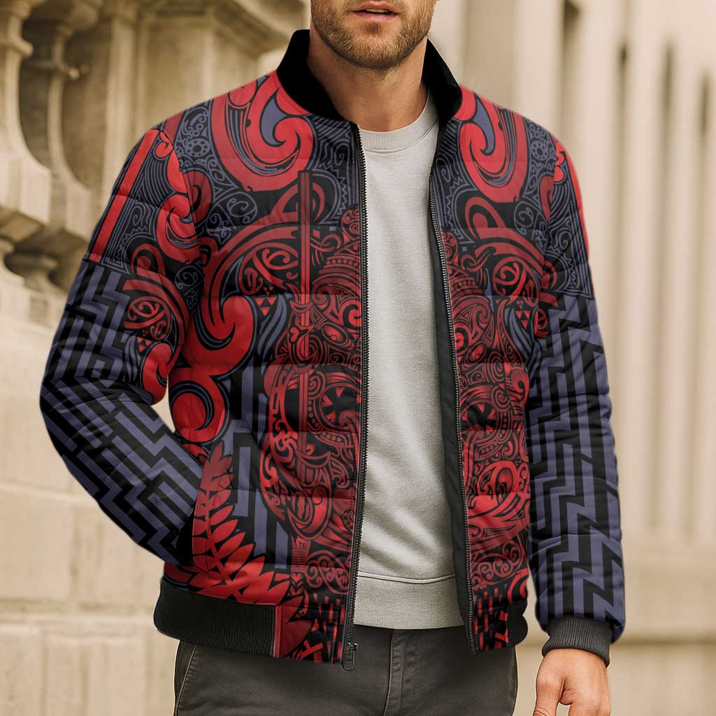 Custom New Zealand Taiaha Maori Bomber Puffer Jacket Whero Minimalist Silver Fern Tukutuku Motif LT9 - Polynesian Pride