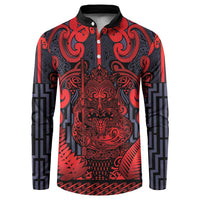Custom New Zealand Taiaha Maori Button Sweatshirt Whero Minimalist Silver Fern Tukutuku Motif LT9 Red - Polynesian Pride