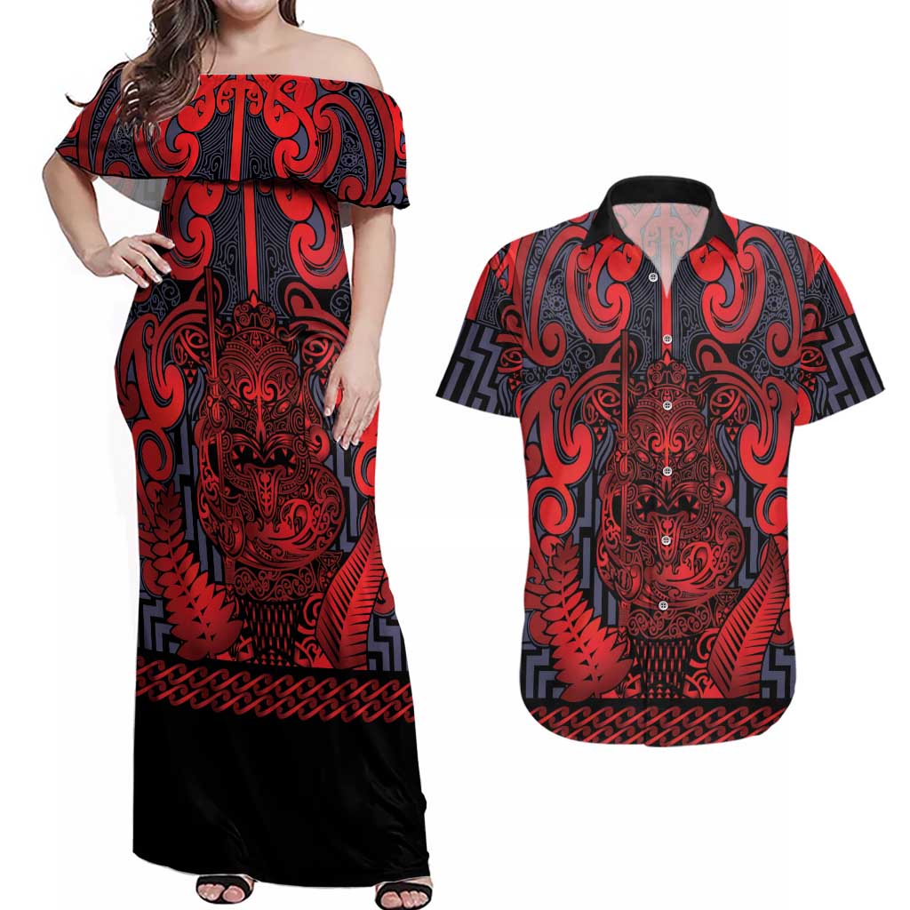 Custom New Zealand Taiaha Maori Couples Matching Off Shoulder Maxi Dress and Hawaiian Shirt Whero Minimalist Silver Fern Tukutuku Motif LT9 Red - Polynesian Pride