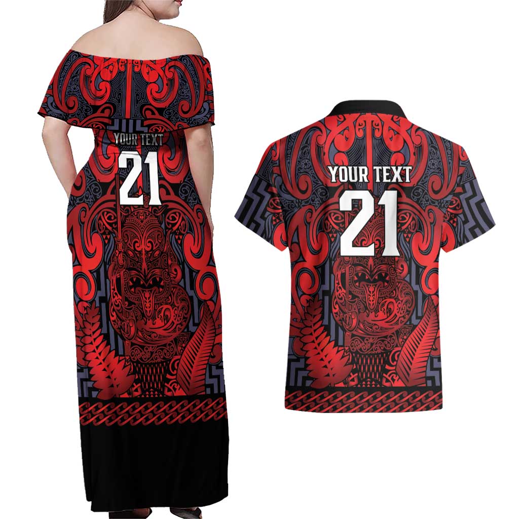 Custom New Zealand Taiaha Maori Couples Matching Off Shoulder Maxi Dress and Hawaiian Shirt Whero Minimalist Silver Fern Tukutuku Motif LT9 - Polynesian Pride