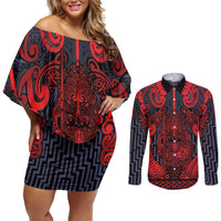 Custom New Zealand Taiaha Maori Couples Matching Off Shoulder Short Dress and Long Sleeve Button Shirt Whero Minimalist Silver Fern Tukutuku Motif LT9 Red - Polynesian Pride