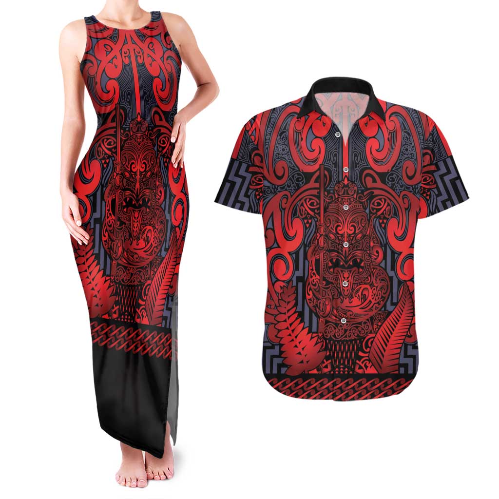 Custom New Zealand Taiaha Maori Couples Matching Tank Maxi Dress and Hawaiian Shirt Whero Minimalist Silver Fern Tukutuku Motif LT9 Red - Polynesian Pride