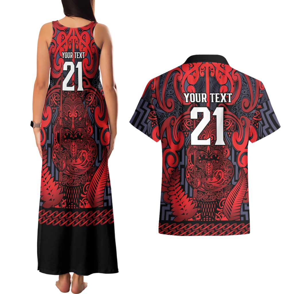Custom New Zealand Taiaha Maori Couples Matching Tank Maxi Dress and Hawaiian Shirt Whero Minimalist Silver Fern Tukutuku Motif LT9 - Polynesian Pride