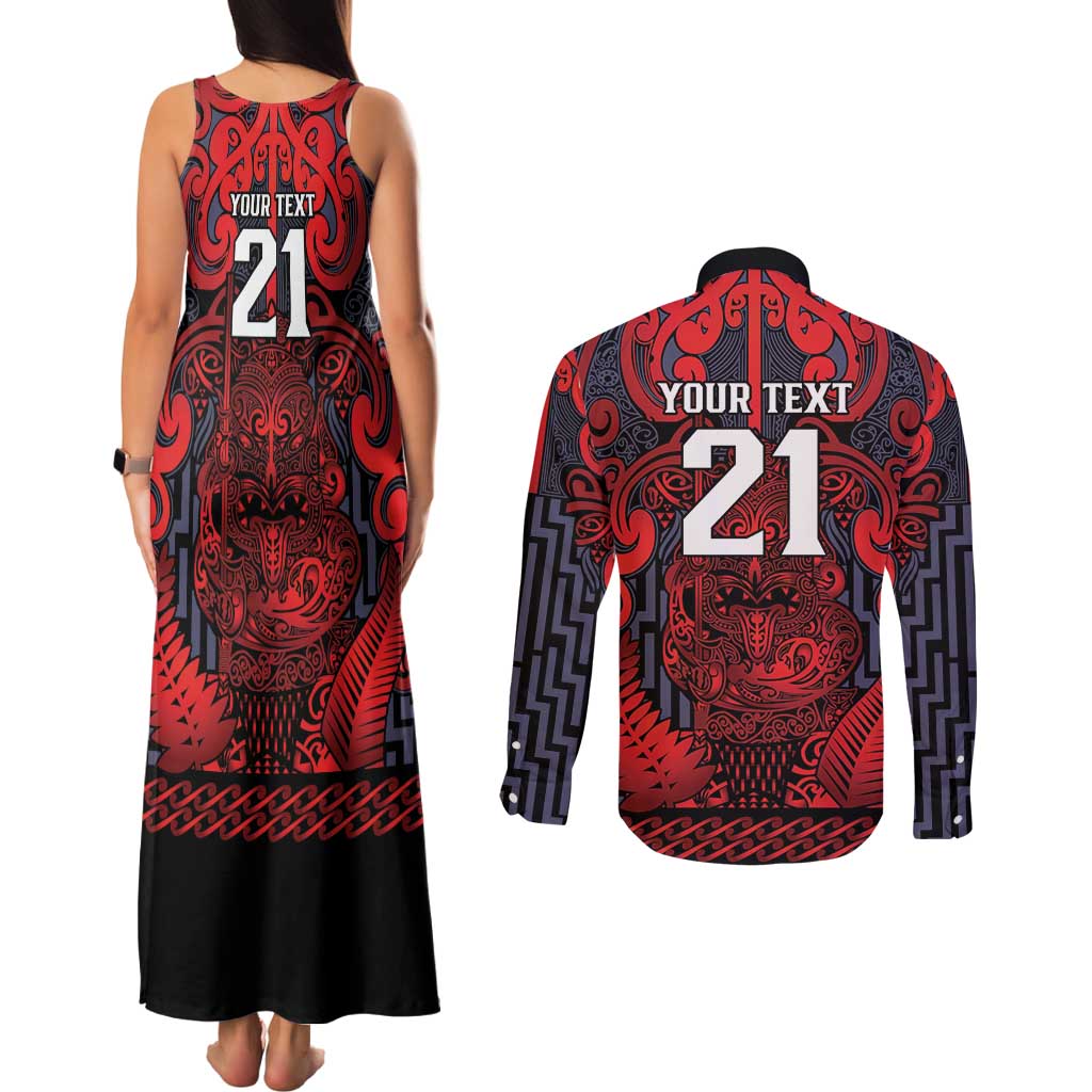 Custom New Zealand Taiaha Maori Couples Matching Tank Maxi Dress and Long Sleeve Button Shirt Whero Minimalist Silver Fern Tukutuku Motif LT9 - Polynesian Pride