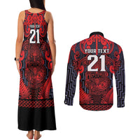 Custom New Zealand Taiaha Maori Couples Matching Tank Maxi Dress and Long Sleeve Button Shirt Whero Minimalist Silver Fern Tukutuku Motif LT9 - Polynesian Pride