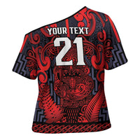 Custom New Zealand Taiaha Maori Cross Shoulder Shirt Whero Minimalist Silver Fern Tukutuku Motif LT9 - Polynesian Pride