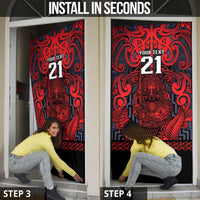 Custom New Zealand Taiaha Maori Door Cover Whero Minimalist Silver Fern Tukutuku Motif